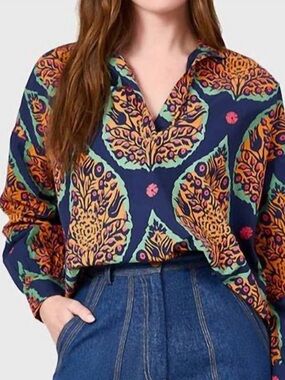 Euc Livro Jane top Patterned Blouse in Navy and Orange cotton India L